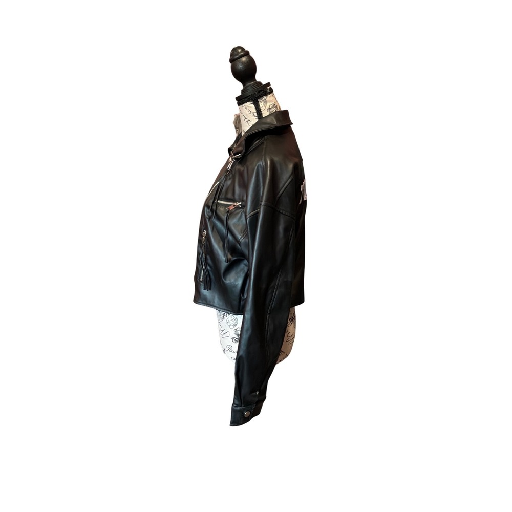 12th Tribe Til Death Black Faux Leather Moto Jacket Womens Small Cropped - Picture 3 of 6